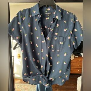 J Crew navy floral blouse with tie front